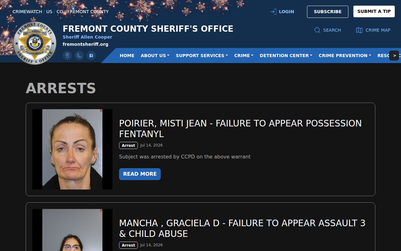 Fremont County release mugshots in sheriff arrests and jail intakes posts