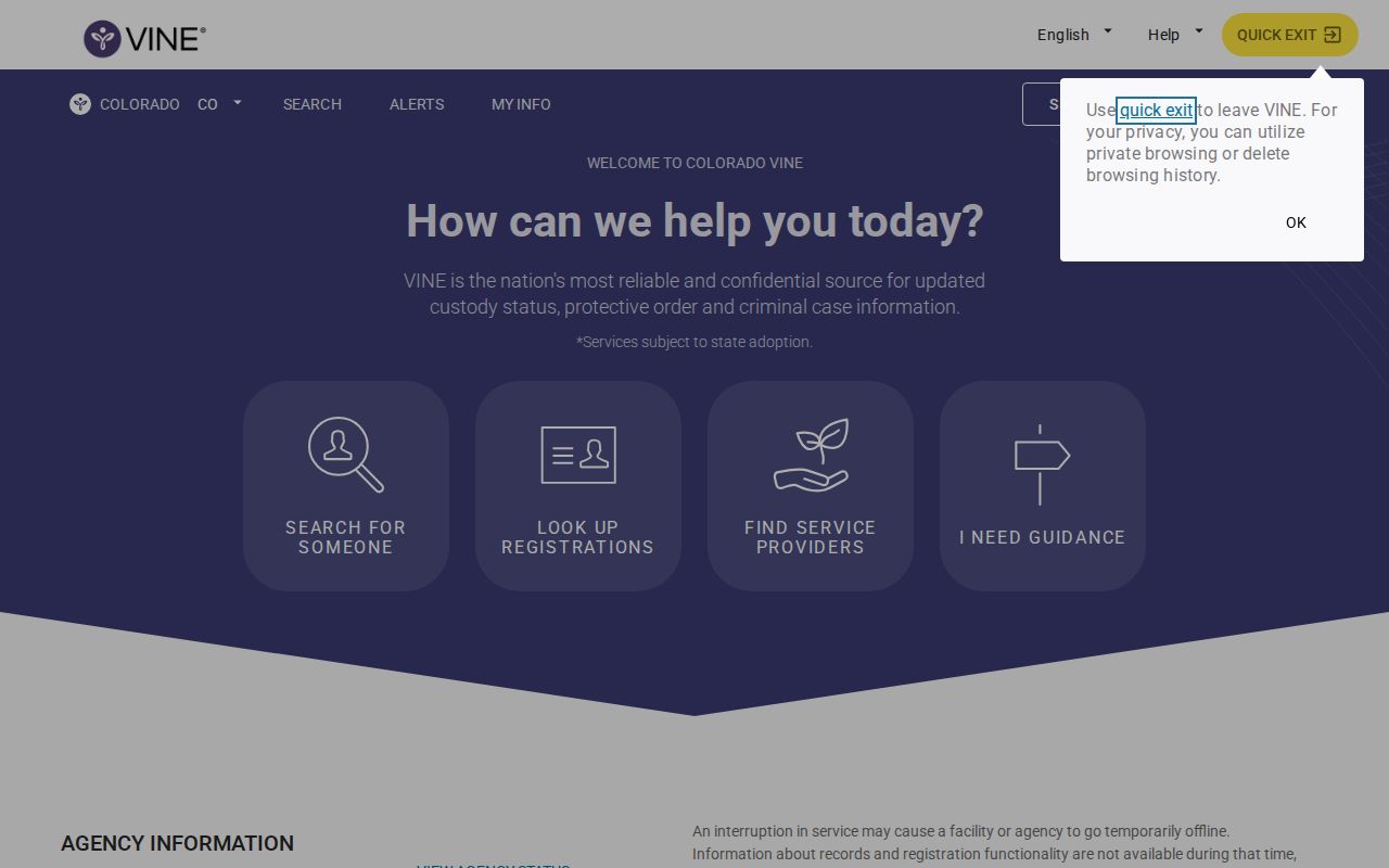 Colorado VINE landing page for Fremont County VINELink inmate search